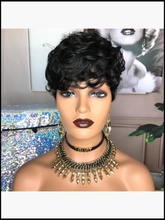 100% Human Hair Short Curly Pixie Cut Wig Glueless Breathable Medium Cap Daily